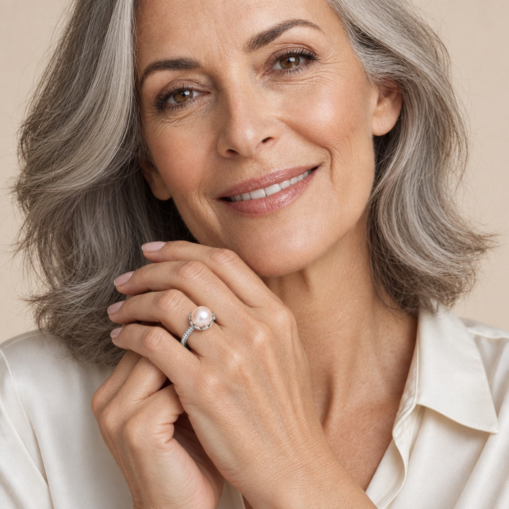 Close-up of a model's hand wearing the Wendy petal cup pavé pearl ring in sterling silver