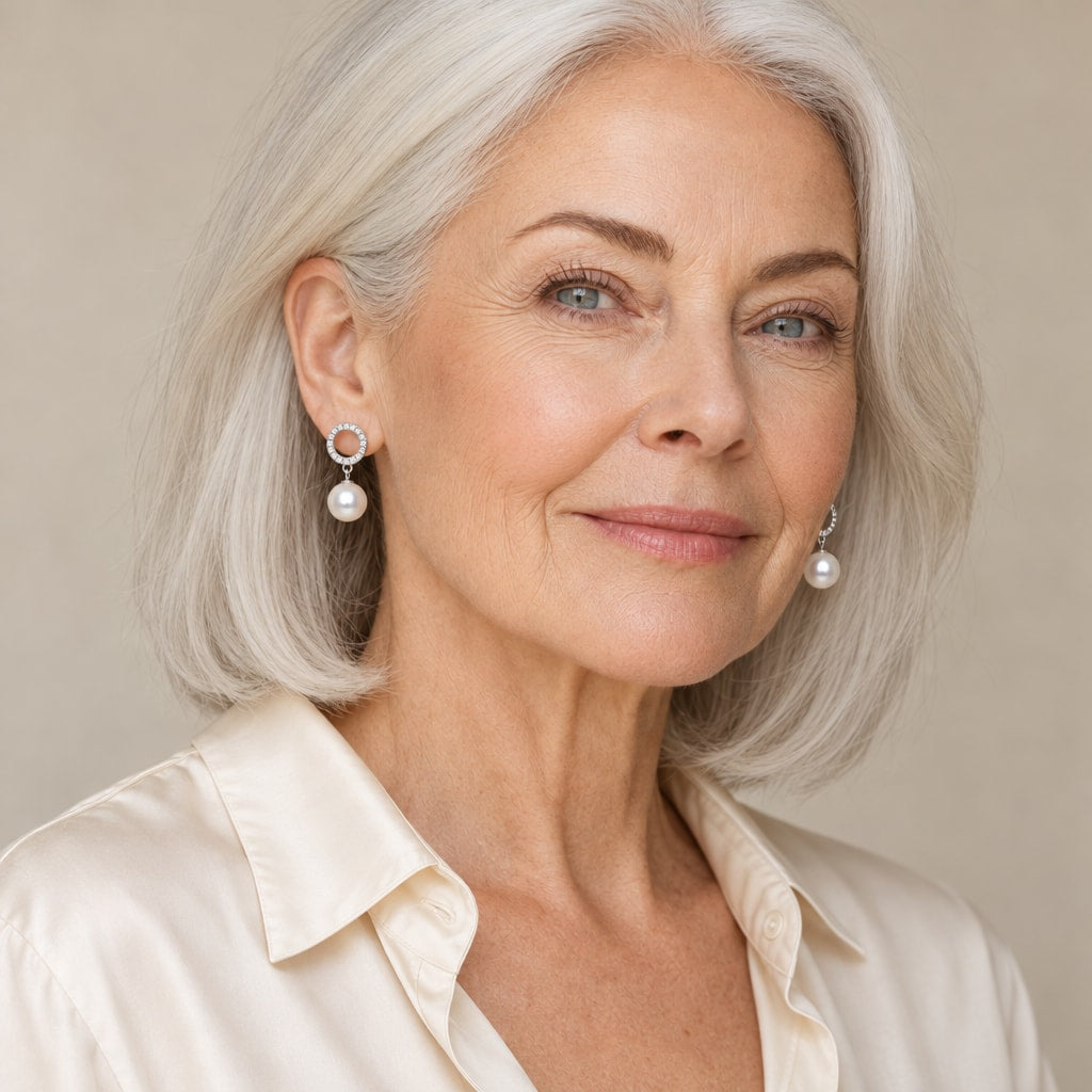 Woman in her fifties wearing the Wiebke pavé circle pearl drop earrings, hair tucked behind her ear