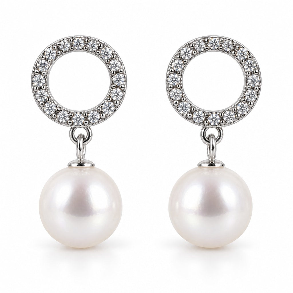 Wiebke pavé circle pearl drop earrings, 10-11mm white freshwater pearls beneath open crystal circles