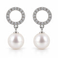 Wiebke pavé circle pearl drop earrings, 10-11mm white freshwater pearls beneath open crystal circles