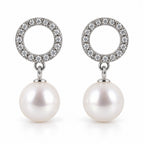 Wiebke pavé circle pearl drop earrings, 10-11mm white freshwater pearls beneath open crystal circles