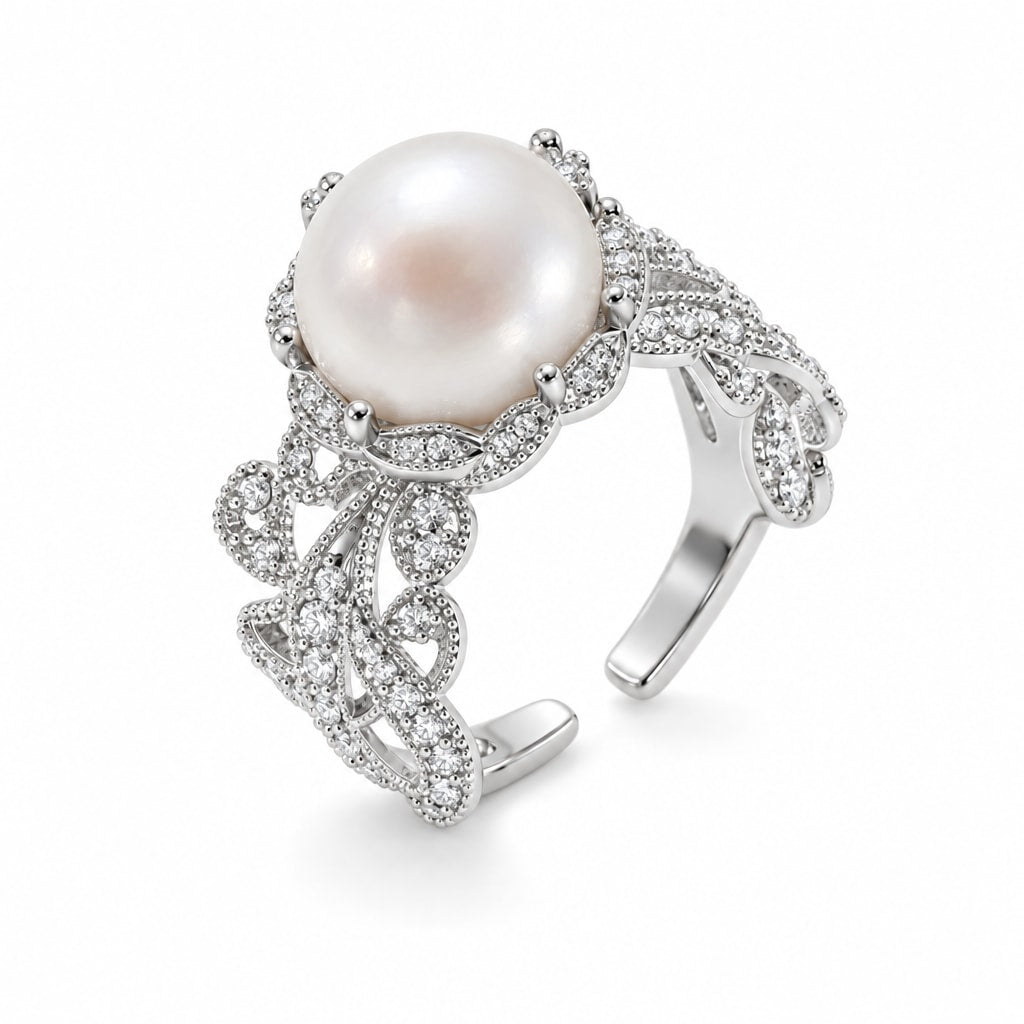 Willa filigree band pearl ring in sterling silver on white background