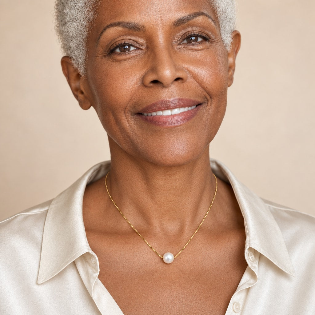 Woman wearing the Winifred floating pearl box chain necklace at the collarbone with an off-shoulder cream top