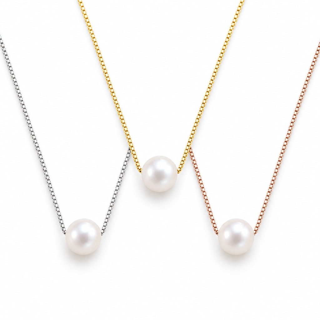 Winifred floating white pearl necklace on a fine 18K gold-plated sterling silver box chain on white background