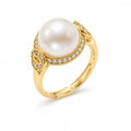 Yasmin pavé halo pearl ring in gold-plated sterling silver on white background