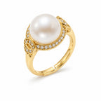 Yasmin pavé halo pearl ring in gold-plated sterling silver on white background