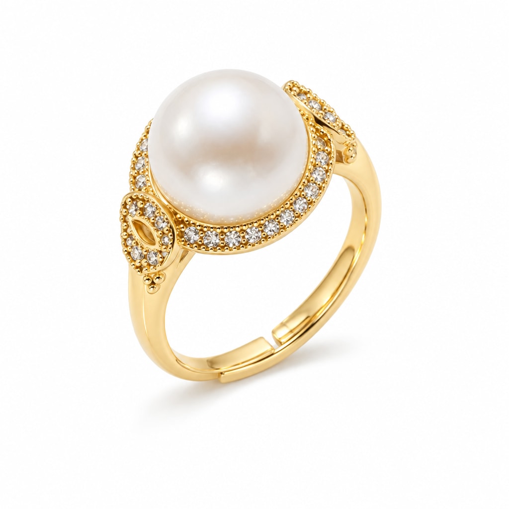 Yasmin pavé halo pearl ring in gold-plated sterling silver on white background