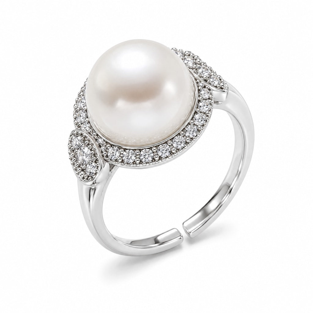 Yasmin pavé halo pearl ring in gold-plated sterling silver on white background - second finish