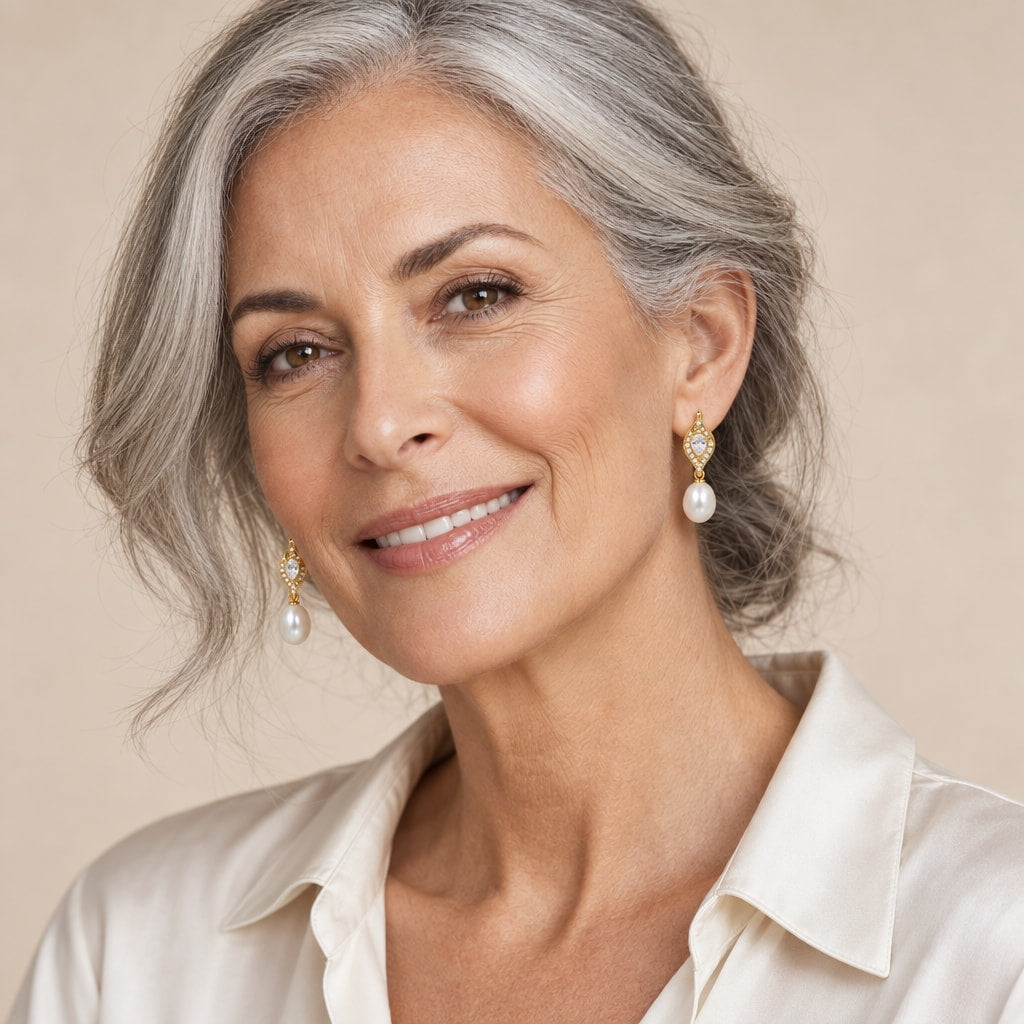 Woman in her thirties wearing the Yvonne crystal leaf pearl drop earrings, hair pinned up