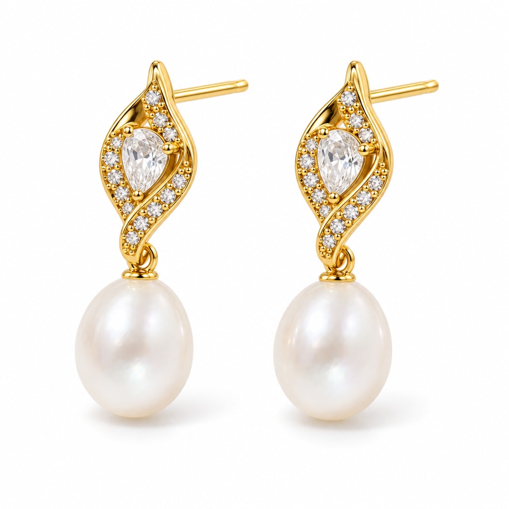 Yvonne pearl earrings, pear-cut crystals in leaf frames with 7-8mm white rice pearls beneath