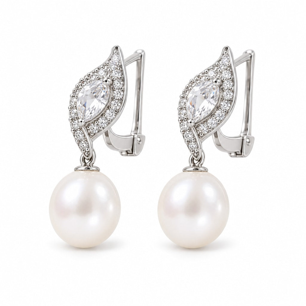 Yvonne pearl earrings, pear-cut crystals in leaf frames with 7-8mm white rice pearls beneath - second finish