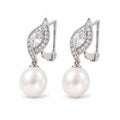 Yvonne pearl earrings, pear-cut crystals in leaf frames with 7-8mm white rice pearls beneath - second finish