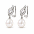 Yvonne pearl earrings, pear-cut crystals in leaf frames with 7-8mm white rice pearls beneath - second finish