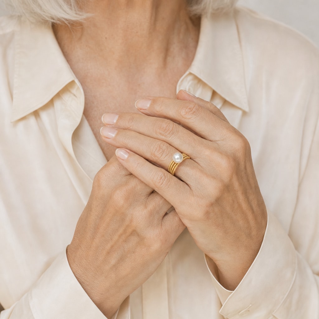 Close-up of a model's hand wearing the Zara milgrain multi-row pearl ring in gold