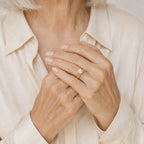 Close-up of a model's hand wearing the Zara milgrain multi-row pearl ring in gold