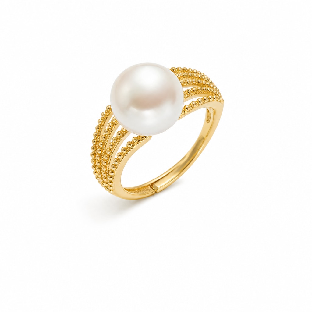 Zara milgrain multi-row pearl ring in gold-plated sterling silver on white background