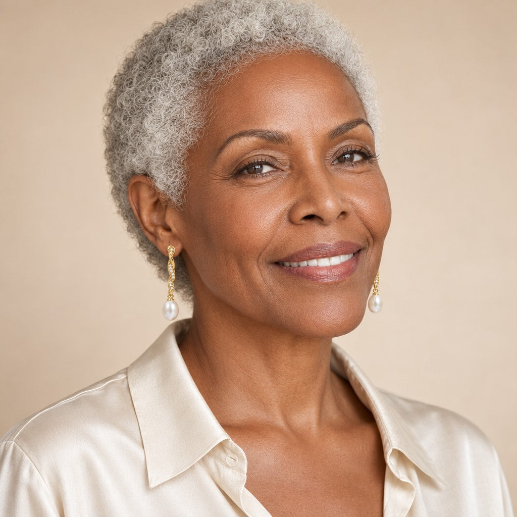 Woman in her forties wearing the Zoe twisted bar pearl drop earrings, hair down