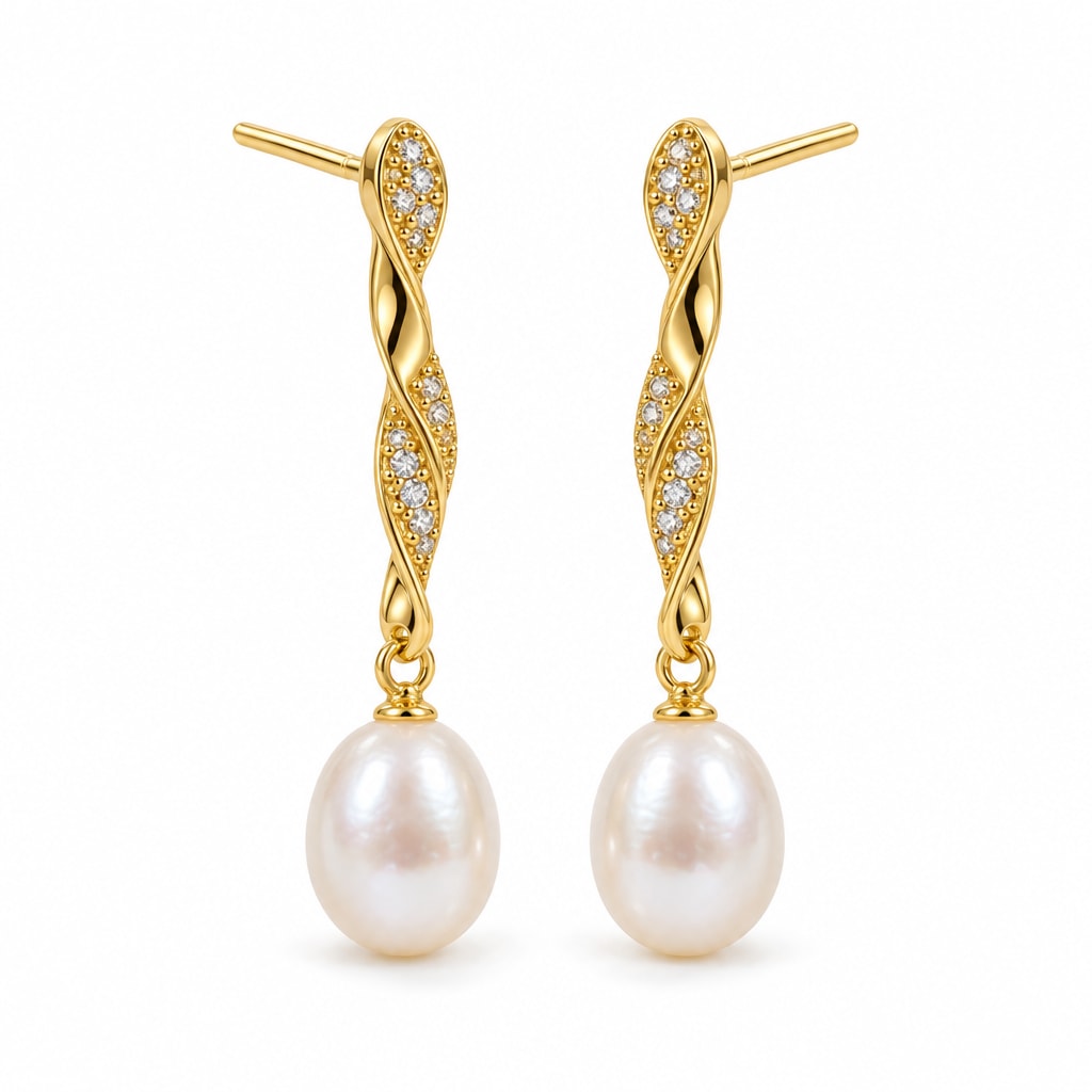 Zoe pearl earrings, long twisted pavé bars ending in 7-8mm white rice pearls