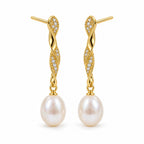 Zoe pearl earrings, long twisted pavé bars ending in 7-8mm white rice pearls