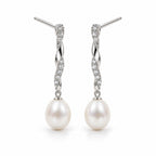 Zoe pearl earrings, long twisted pavé bars ending in 7-8mm white rice pearls - second finish