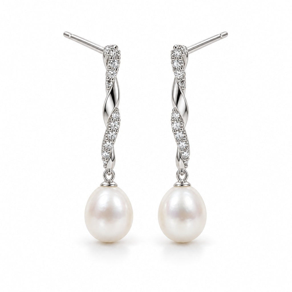 Zoe pearl earrings, long twisted pavé bars ending in 7-8mm white rice pearls - second finish